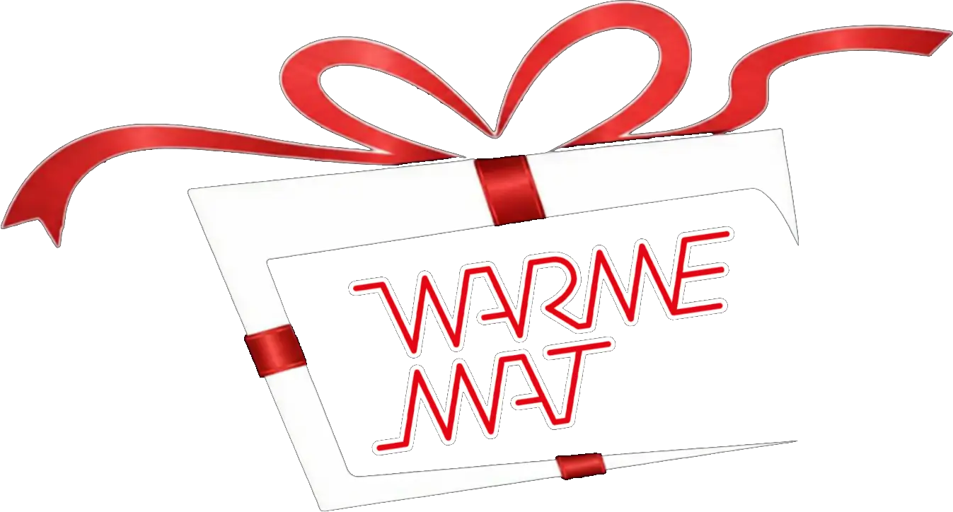 De WarmeMat™-logo als cadeau met rode strik — verwarmde voetenmat als cadeau